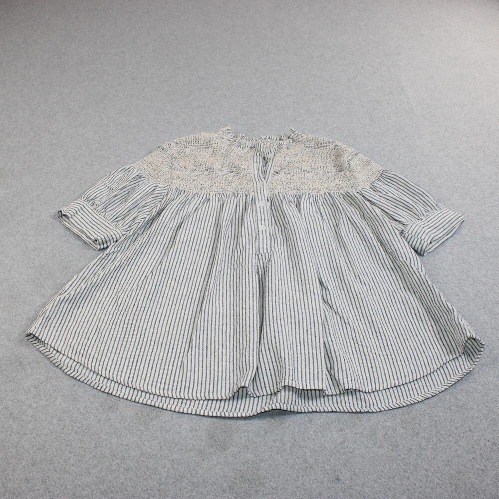 Storia Shirt Women Small White Stripe Smock High Neck Cotton Tunic Boho Coastal
